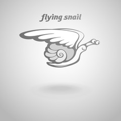 Funny flying snail with wings. Conceptual metaphor. Flight of shelled slug means a swift level up, speedy delivery of message, embodiment of cherished dream. Gray logo floating over light background.