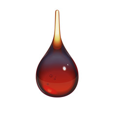 Realistic drop of black tea. Reddish brown diaphanous droplet of a strong brewed invigorating drink. Vector 3d isolated object. Useful for advertising of tea, cola, juice, dark beer, liquor, tincture.