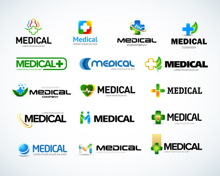 Medical and health logo design templates set. Medical pharmacy logotypes set. Isolated Vector illustration