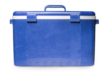 Old Handheld blue refrigerator isolated over white background. cooler