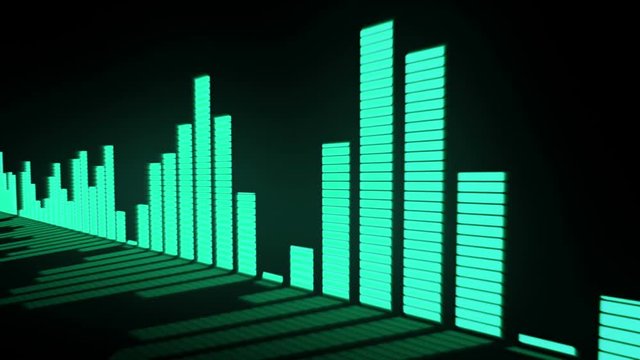 3D animation: Music control levels. Glow green - blue turquoise color audio equalizer bars moving with the reflection from the mirror surface. Black background. Deep. Sliding.