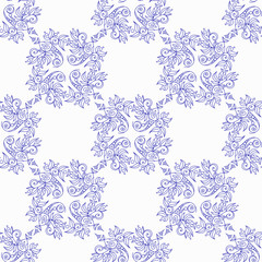 blue floral seamless pattern on a white background. Vector line art.