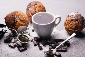 Cup of tea and pieces dark chocolate