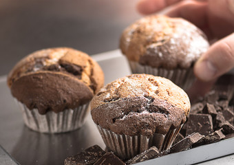 Muffin with pieces of dark chocolate