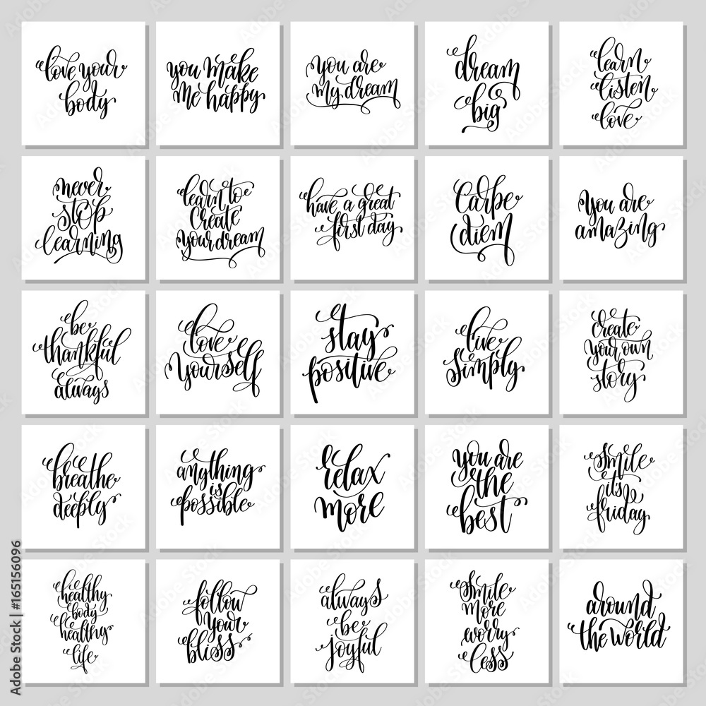 Wall mural set of 25 hand lettering positive posters, black and white inspi