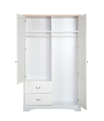 Entry open white wardrobe isolated on white background with clipping path.