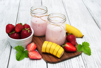 yogurt with fresh strawberries and banana
