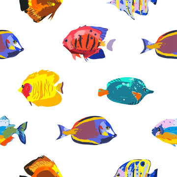 Seamless cute pattern with tropical fish
