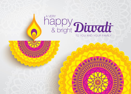 Diwali festival greeting card with beautiful rangoli and diya backgrounds 