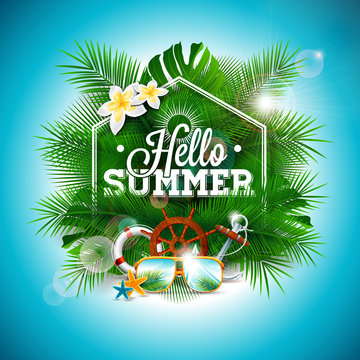 Vector Summer Time Holiday typographic illustration on palm leaves background. Tropical plants, flower,sunglasses and anchor.