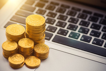 Finance and Money concept, Money coin stack sunlight