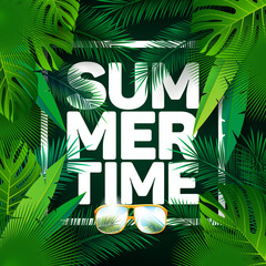 Naklejka premium Vector Summer Time Holiday typographic illustration on palm leaves background. Tropical plants and flowers.