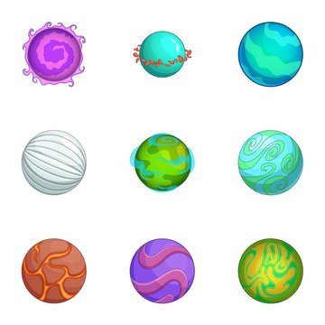 Fantasy alien planets icons set, cartoon style