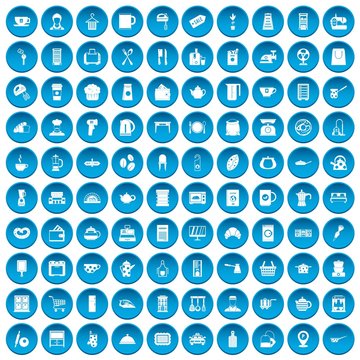 100 kitchen utensils icons set blue