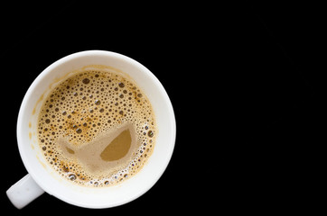 Coffee cup top view closeup isolated on black background