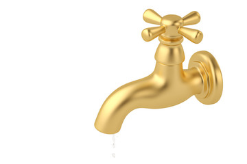 Gold tap with a water stream isolated on white 3d illustration.
