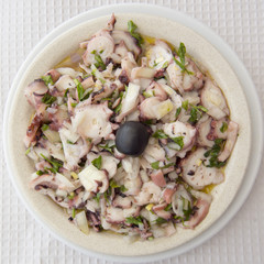 a octopus salad in a restaurant in the village of Luz at the Algarve of Portugal in Europe.