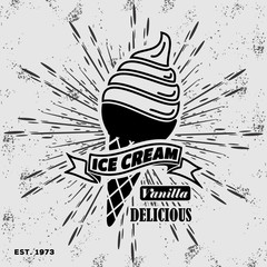Ice cream sign, logo, badge or poster. Vintage, Retro style. Vector illustration
