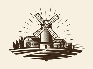 Farm, rural landscape logo or label. Agriculture, agribusiness, village, mill icon. Vintage vector illustration © ~ Bitter ~