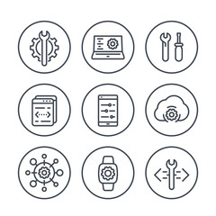 Fototapeta premium development, engineering, configuration line icons in circles for apps and web