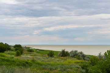 Sea landscape. Terrain on the coast of the Azov Sea in the Rostov region