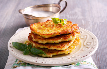 Stack of zucchini and feta fritters