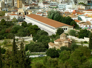 Fototapeta premium Aerial view of the Stoa of Attalos and the Church of the Holy Apostles in Athens, Greece