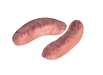 Watercolor drawing, Oktoberfest symbol, isolated. Munich sausages, Bavarian sausages, ruddy crust.