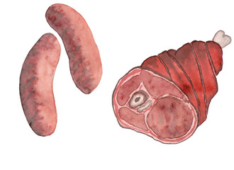 Watercolor drawing, Oktoberfest symbol, isolated. Munich sausages, Bavarian sausages, ruddy crustShewnnacht, Baked pork knuckle in German.