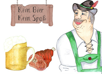 A man in a national Bavarian costume smiles. A large mug with beer and a national snack is a baked pork ham. The old cracked sign on the chains with the inscription in German: "No beer, no fun." Isola
