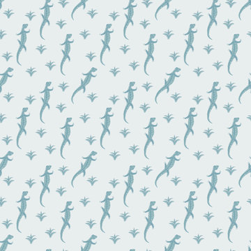 Islamic seamless pattern with the image of lizzards and bushes. Pale blue lizzard pattern seamless background in sketching style repeat illustration. Seamless pattern with lizzard image. Desert.