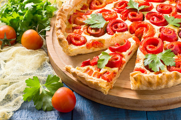 Delicious homemade pie with sweet pepper and cheese