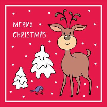 Cheerful Christmas greeting card with the image of a ridiculous deer.