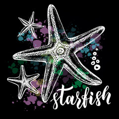 Background with sea starfishs. Marine Ink hand drawn elements for design. Template for cards, banners, posters with modern brush calligraphy style lettering. Vector illustration.