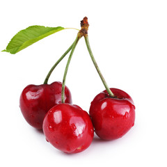 Cherries with leaf isolated on white background