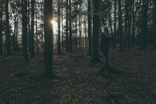 woman stading in forest during sunset