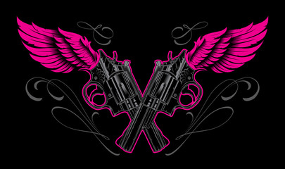 Pistols and wings with calligraphic design elements
