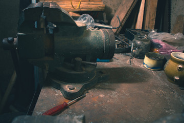 Interior old instrumental in the village with various instruments.