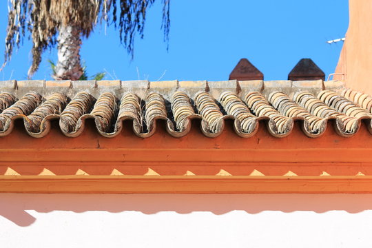 Close-up architectural detail of a traditional Spanish-style building featuring curved terracotta roof tiles,  orange facade, decorative eaves, and a palm tree against blue sky. Mediterranean