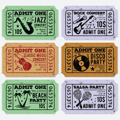 Set of Vintage grunge Tickets for jazz, rock and  classic music concerts and disco, beach and salsa parties. Vector illustration