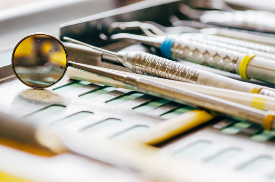 close up of dental tools on a tray