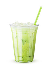 Iced Green Tea Latte with Matcha and Milk in Generic Cup with Straw on a White Background