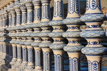 Alcazar style of Seville Spain pottery detail in traditional blue and white Spanish ceramics