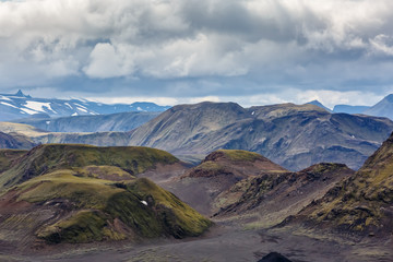 The tops of the mountains, under a cloudy sky in Iceland