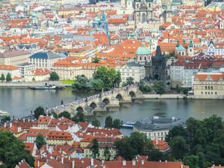 Fototapeta na wymiar Cityscape of Prague with Charles Bridge from above