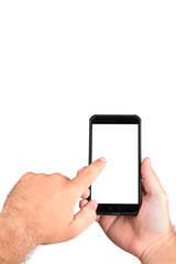 Man is working on the phone on a white background
