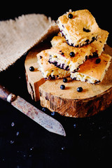 Cake, dessert and pastries, biscuit pie with blueberry  on a dark background  