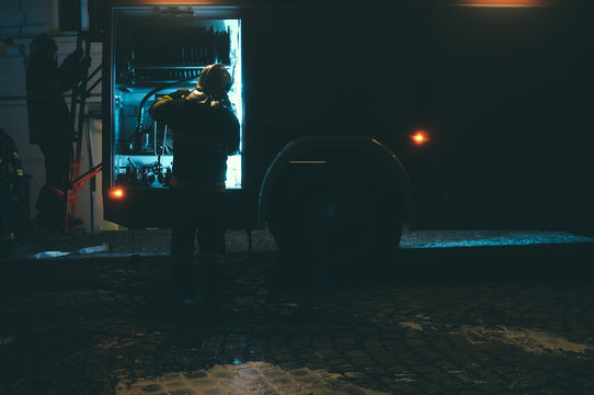 firefighters at night