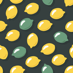 Seamless pattern of lemons on dark background. Tropical fruits in the form of a seamless texture