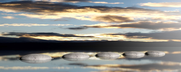 Zen stones on a sky and sea background. 3d illustration